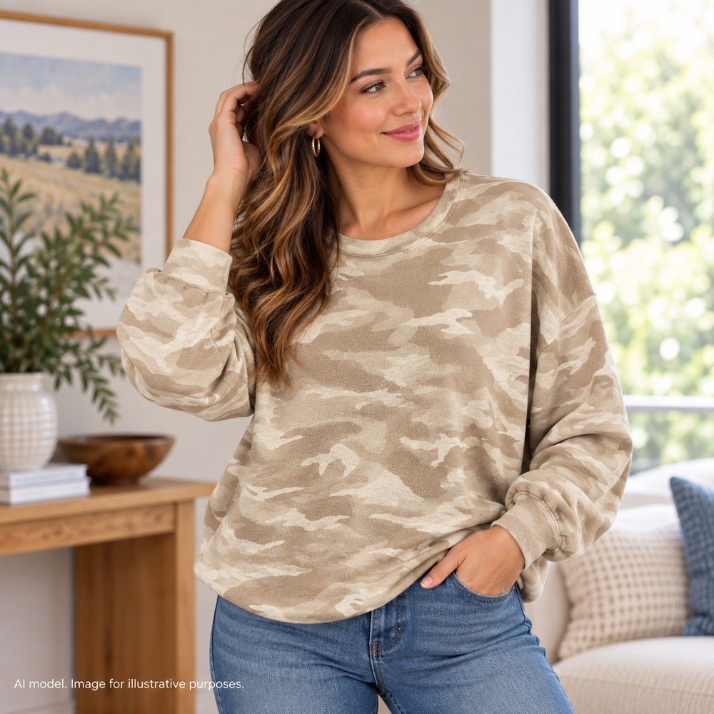 Athleta Sweatshirt Women Medium Tan Camo Soft Comfy Tencel Cozy Studio to Street